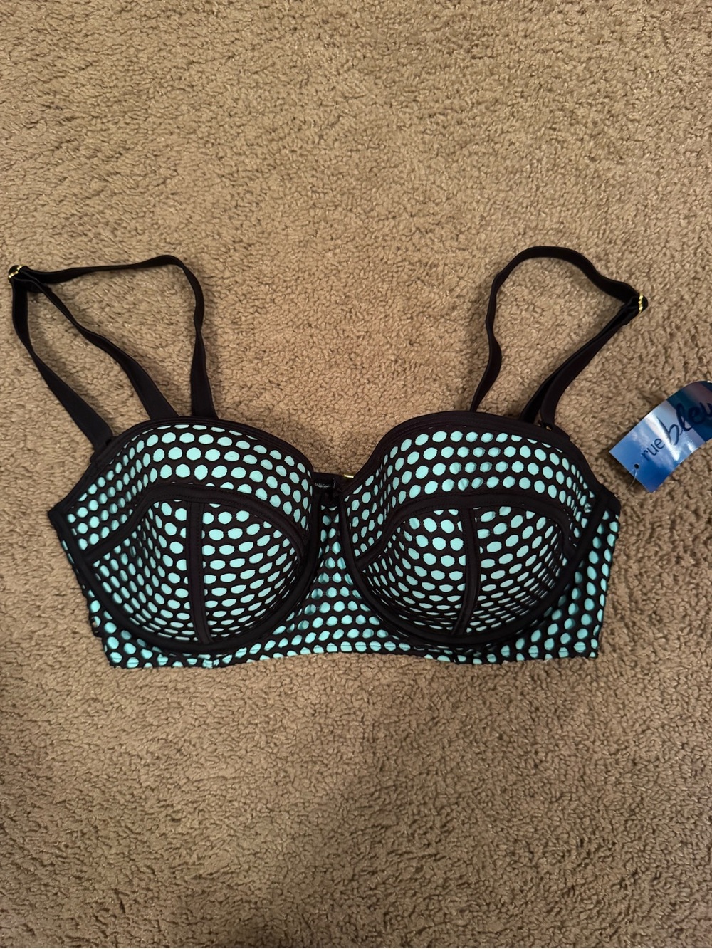 Blue and black polka dot bikini top